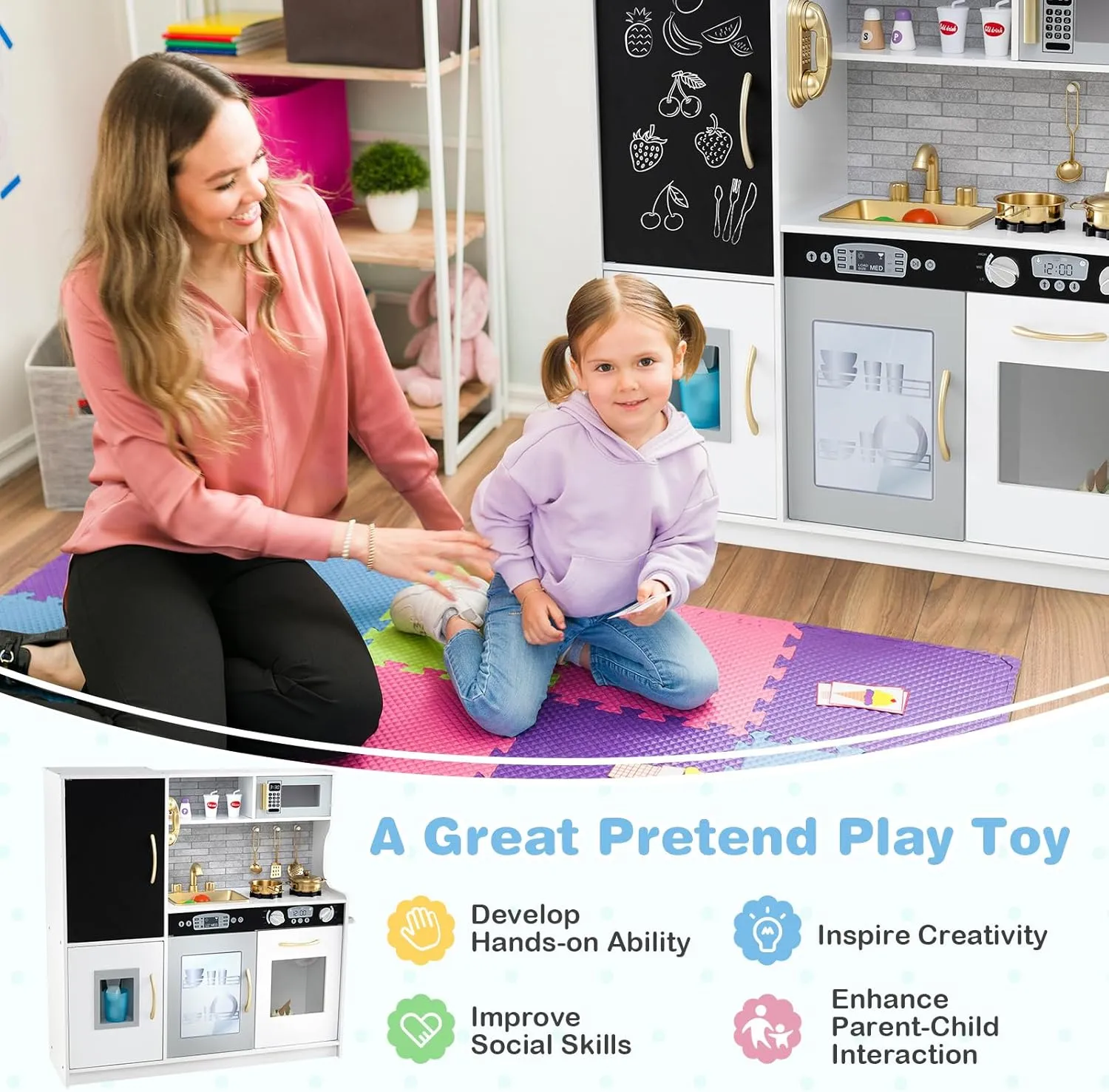 MAT EXPERT Kids Kitchen Playset, Wooden Chef Pretend Toy Kitchen w/Chalkboard, Ice Maker, Cookware Accessories, Telephone, Microwave, Play Kitchen for Toddlers, Gift for Boys Girls 3  (Beige)