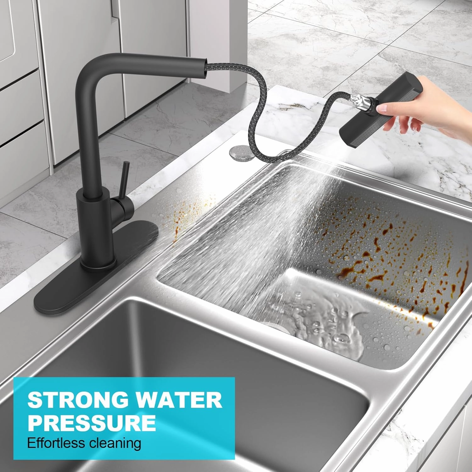 Matte Black Single Hole Kitchen Faucets with Pull Down Sprayer, Single Handle, High Flow Water, Pull Out Tap, Stainless Steel Sink Faucet, Suitable for Farmhouse Camper Laundry Rv Bar