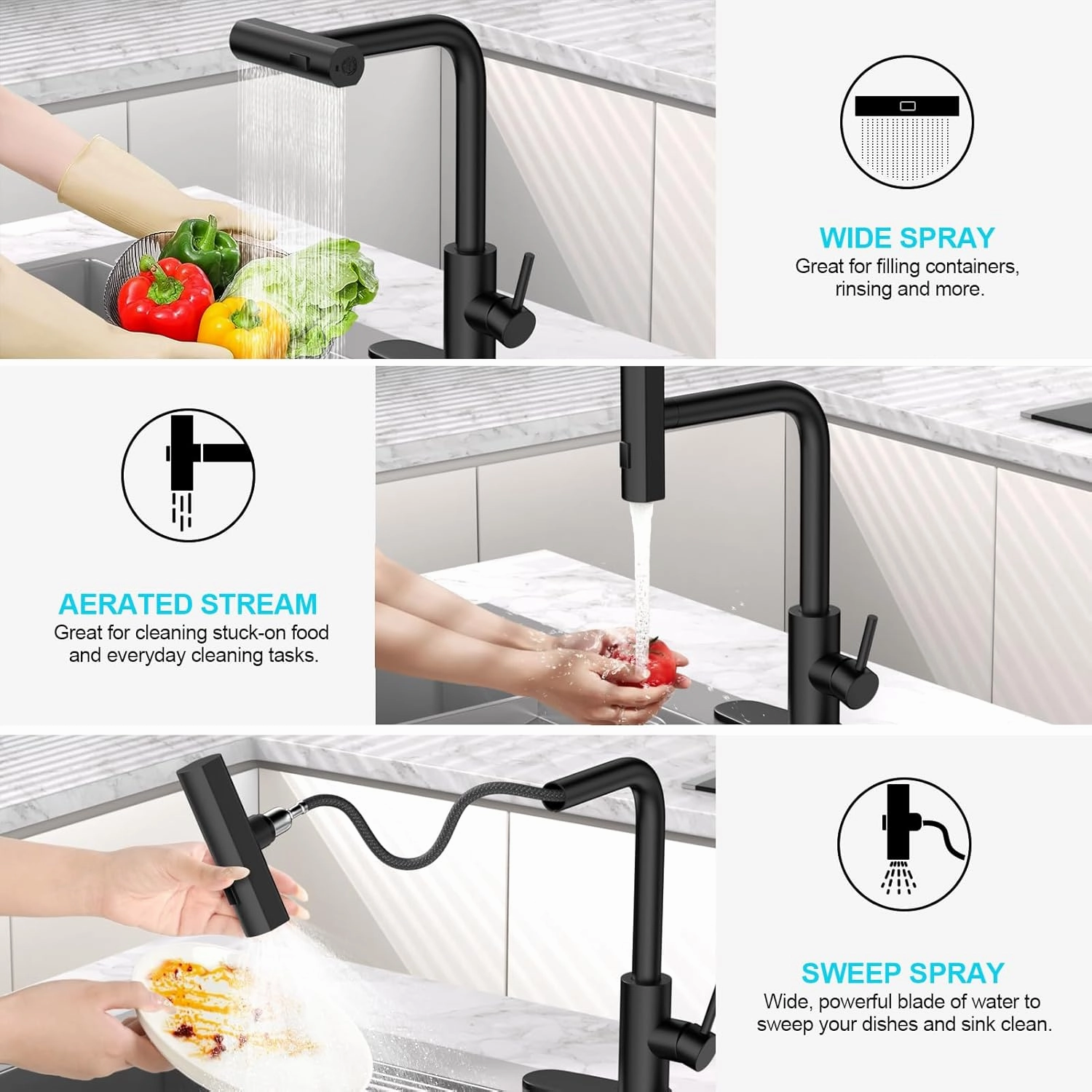 Matte Black Single Hole Kitchen Faucets with Pull Down Sprayer, Single Handle, High Flow Water, Pull Out Tap, Stainless Steel Sink Faucet, Suitable for Farmhouse Camper Laundry Rv Bar