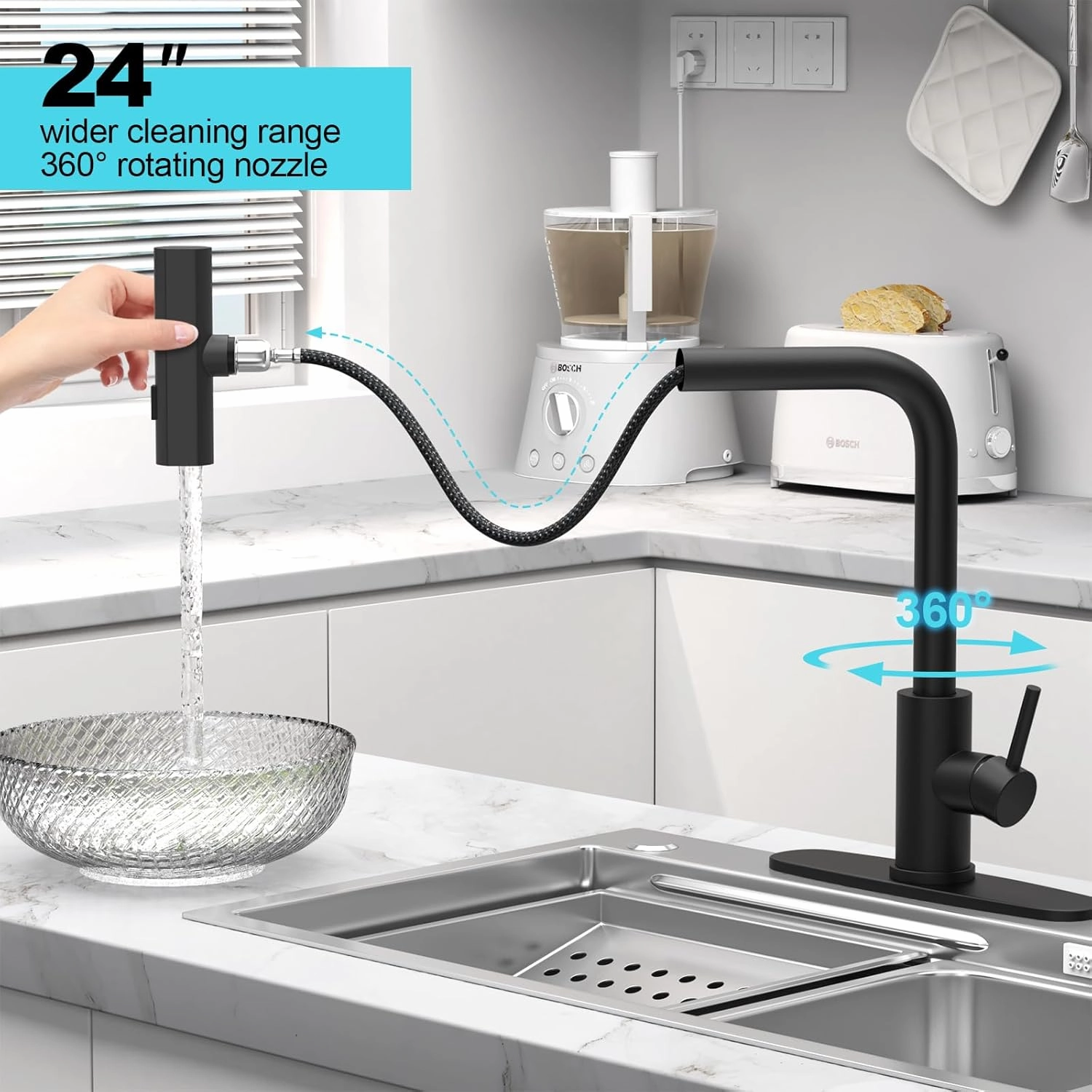 Matte Black Single Hole Kitchen Faucets with Pull Down Sprayer, Single Handle, High Flow Water, Pull Out Tap, Stainless Steel Sink Faucet, Suitable for Farmhouse Camper Laundry Rv Bar