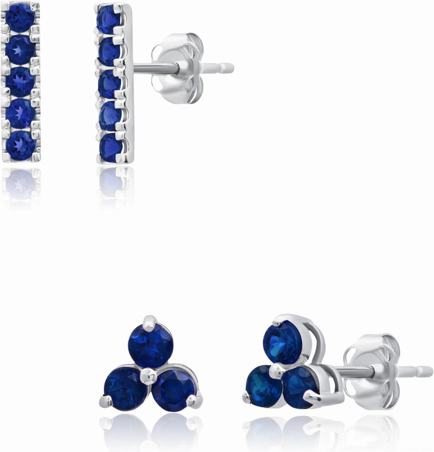 MAX   STONE 14k White Gold Small Created Blue Sapphire Gemstone Bar and Trio Round Stud Earrings Set for Women | Gemstone Birthstone Stud Earrings with Push Backs