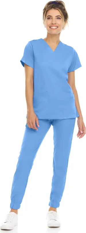 MediChic Scrub Sets for Women – 8-Pocket V-Neck Jogger Scrubs, Anti-Wrinkle, Stretch Medical Nursing Uniforms