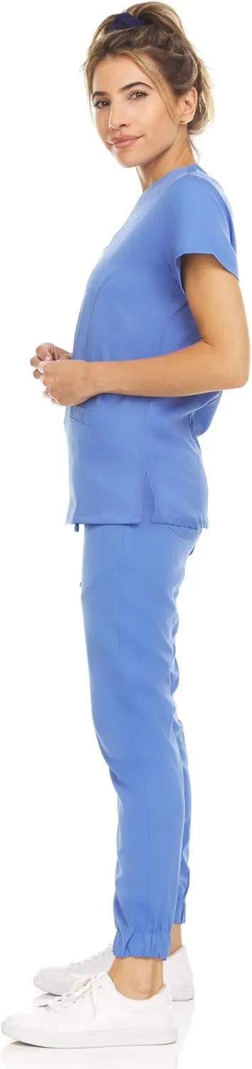 MediChic Scrub Sets for Women – 8-Pocket V-Neck Jogger Scrubs, Anti-Wrinkle, Stretch Medical Nursing Uniforms