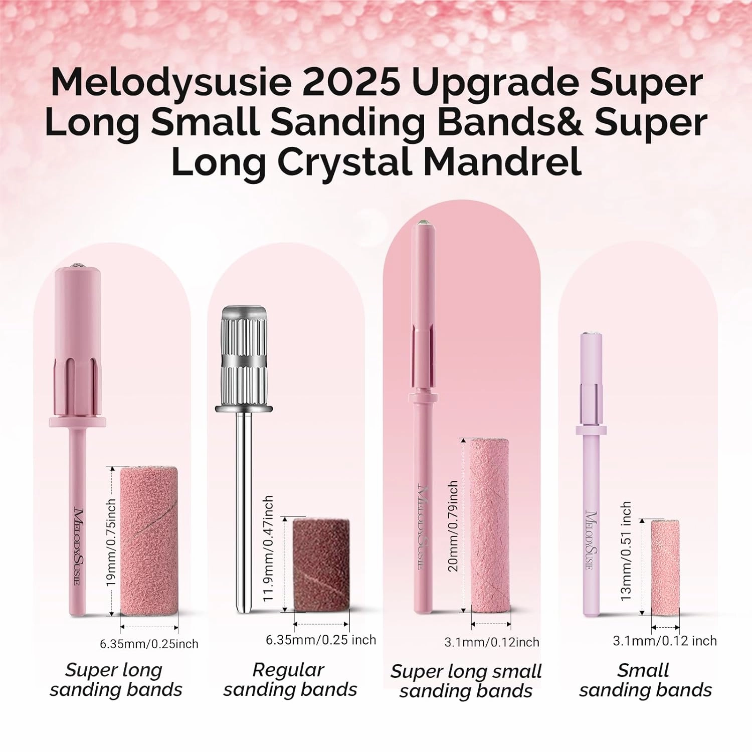 MelodySusie 50 Pcs Nail Drill Bits Super Long Small Sanding Bands with 3.1mm Crystal Mandrel Bit, 240 Extreme Fine Grit Nail File for Acrylic Nails Gel Manicures and Pedicure, Pink