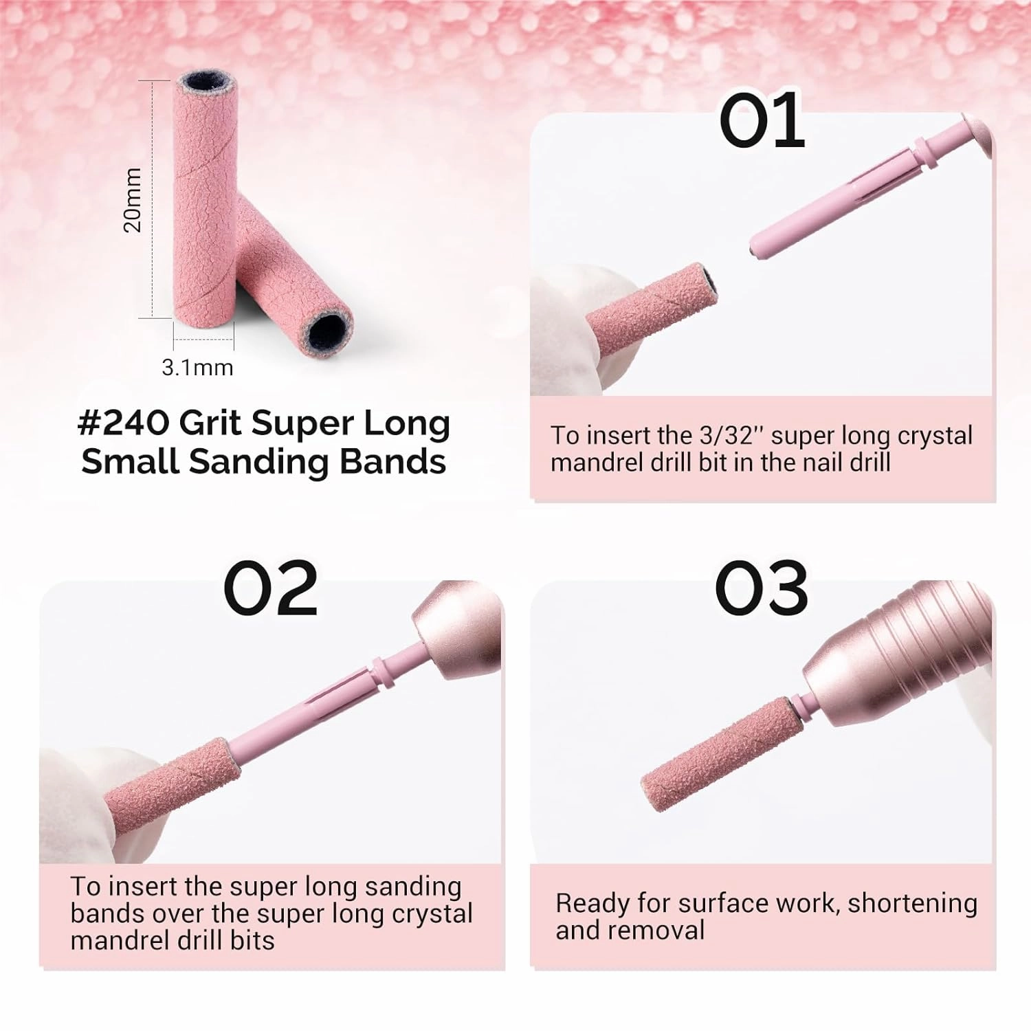 MelodySusie 50 Pcs Nail Drill Bits Super Long Small Sanding Bands with 3.1mm Crystal Mandrel Bit, 240 Extreme Fine Grit Nail File for Acrylic Nails Gel Manicures and Pedicure, Pink