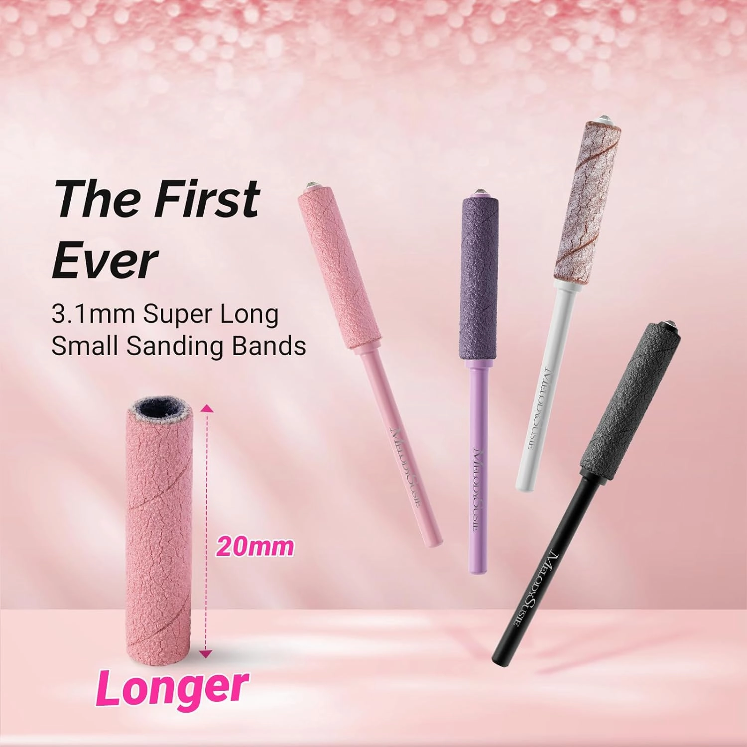 MelodySusie 50 Pcs Nail Drill Bits Super Long Small Sanding Bands with 3.1mm Crystal Mandrel Bit, 240 Extreme Fine Grit Nail File for Acrylic Nails Gel Manicures and Pedicure, Pink