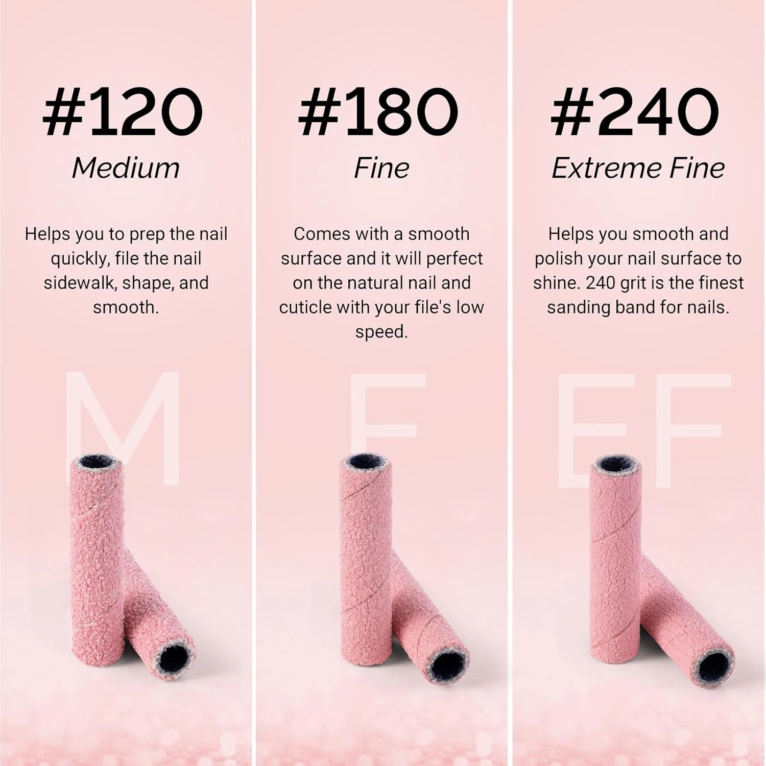 MelodySusie 50 Pcs Nail Drill Bits Super Long Small Sanding Bands with 3.1mm Crystal Mandrel Bit, 240 Extreme Fine Grit Nail File for Acrylic Nails Gel Manicures and Pedicure, Pink