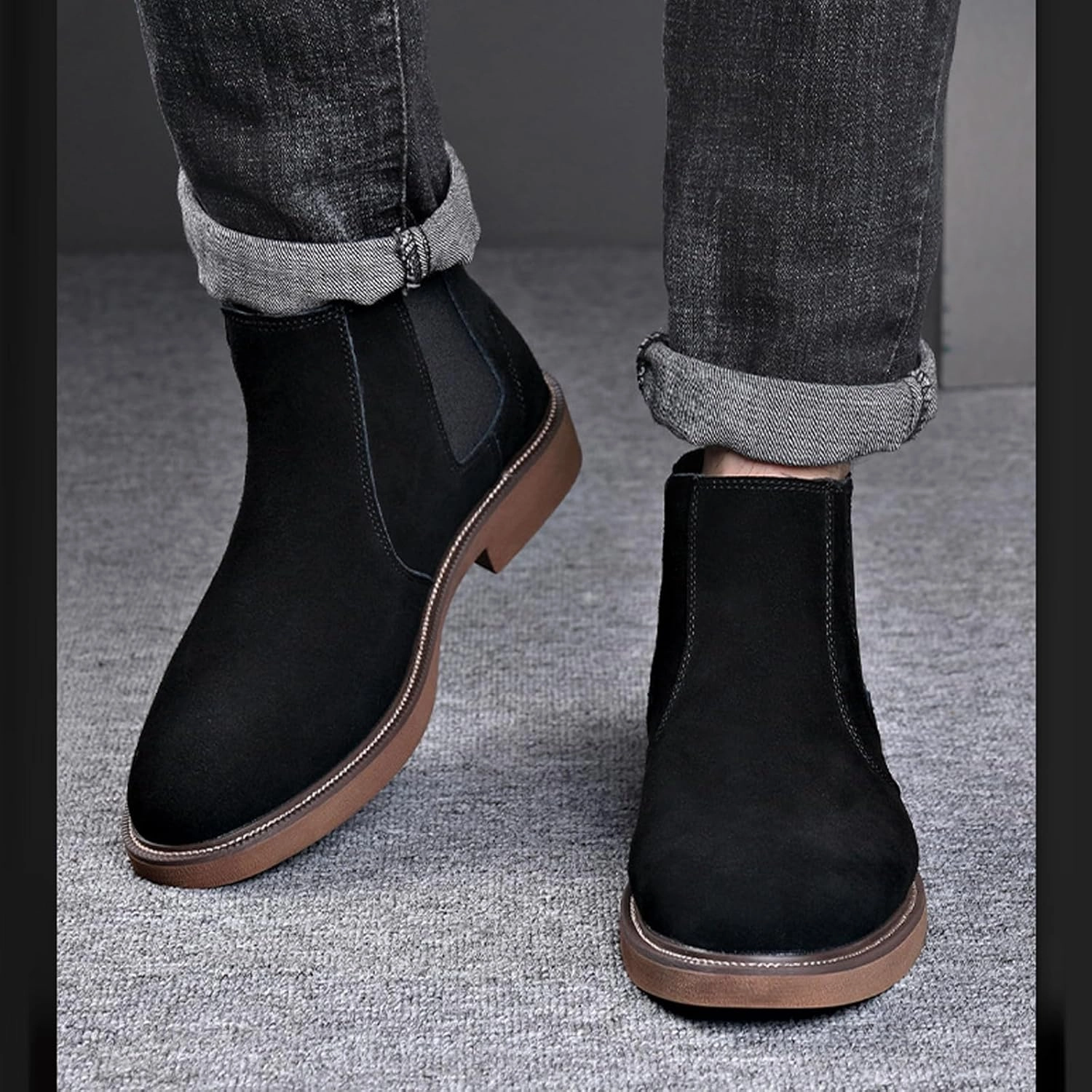 Men'S Suede Chunky Heel Retro Chelsea Boots Classic Round Toe Convenient Elastic Pull On Business Work Formal Short Boots