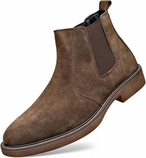 Men'S Suede Chunky Heel Retro Chelsea Boots Classic Round Toe Convenient Elastic Pull On Business Work Formal Short Boots