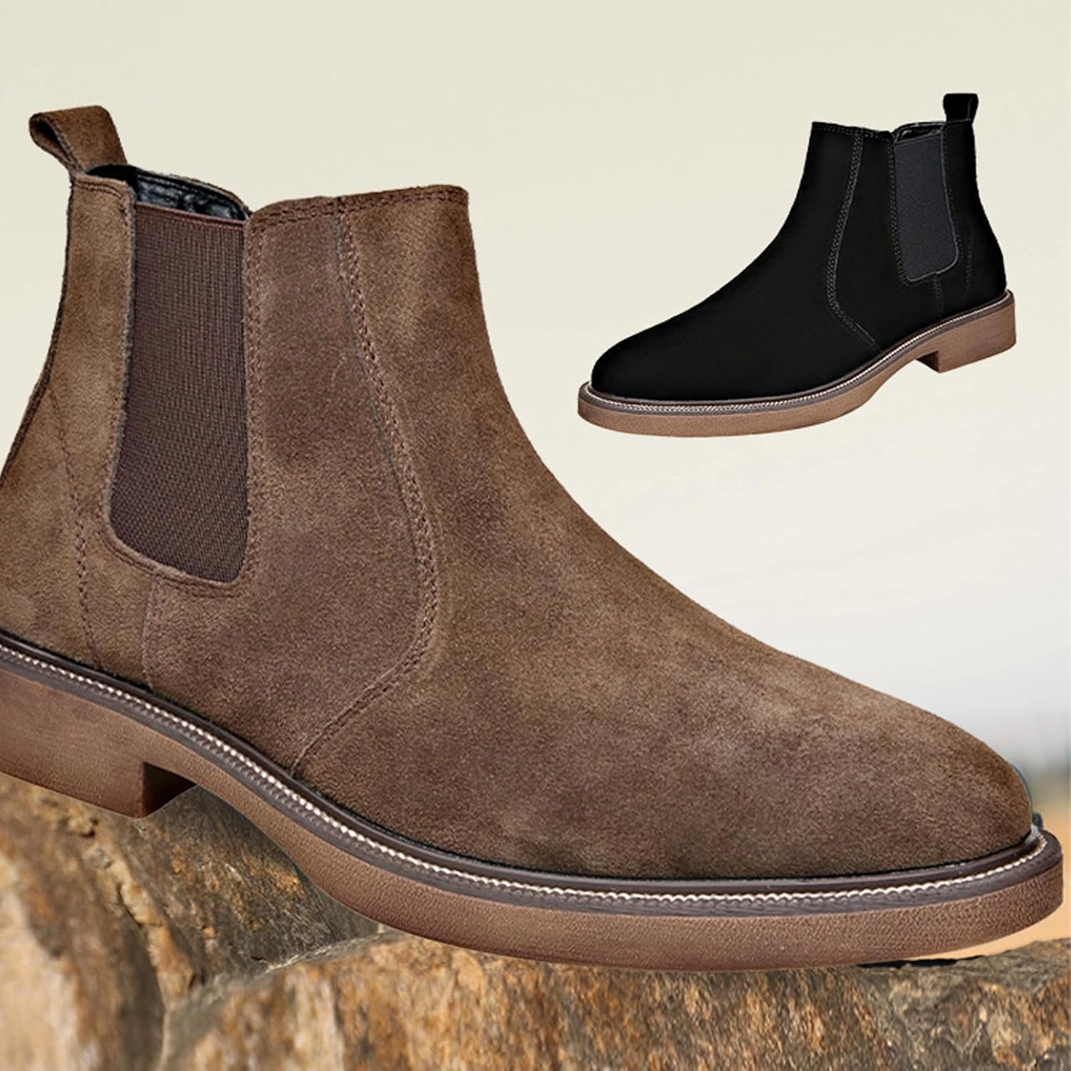 Men'S Suede Chunky Heel Retro Chelsea Boots Classic Round Toe Convenient Elastic Pull On Business Work Formal Short Boots