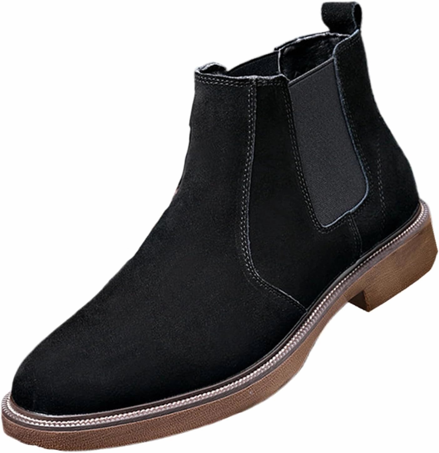Men'S Suede Chunky Heel Retro Chelsea Boots Classic Round Toe Convenient Elastic Pull On Business Work Formal Short Boots