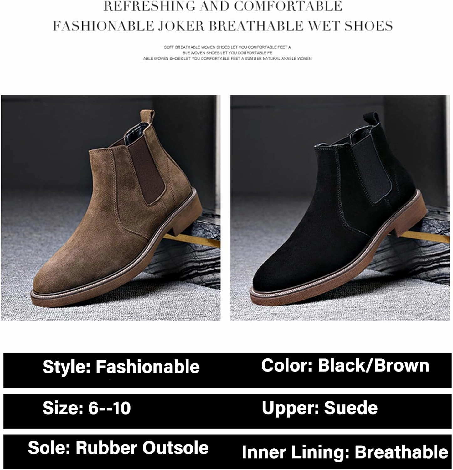 Men'S Suede Chunky Heel Retro Chelsea Boots Classic Round Toe Convenient Elastic Pull On Business Work Formal Short Boots