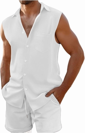 Mens Summer Track Suits Waffle Knit Sleeveless Polo Shirt and Shorts Set Casual 2 Pieces Breathable Outfits with Pockets