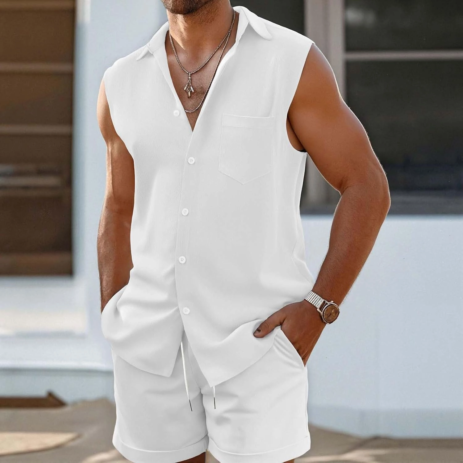 Mens Summer Track Suits Waffle Knit Sleeveless Polo Shirt and Shorts Set Casual 2 Pieces Breathable Outfits with Pockets