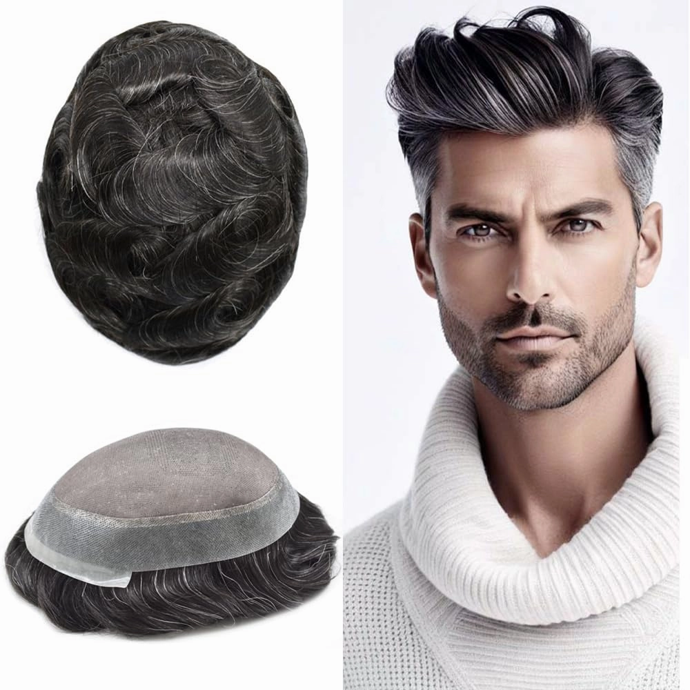 Mens Toupee Hair System For Men Hairpiece Fine Monofilament Toupee For Mens Hair System French Lace Front 8x10 110% light to Medium density#1B10 1B# OFF BLACK 10% GREY