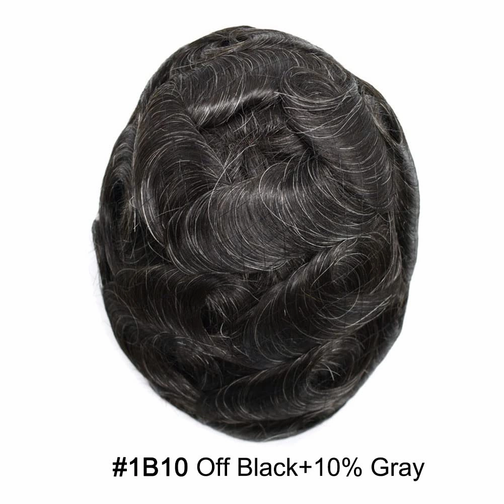 Mens Toupee Hair System For Men Hairpiece Fine Monofilament Toupee For Mens Hair System French Lace Front 8x10 110% light to Medium density#1B10 1B# OFF BLACK 10% GREY