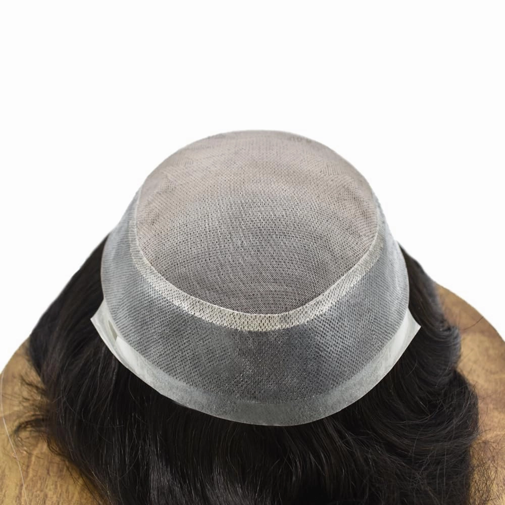 Mens Toupee Hair System For Men Hairpiece Fine Monofilament Toupee For Mens Hair System French Lace Front 8x10 110% light to Medium density#1B10 1B# OFF BLACK 10% GREY
