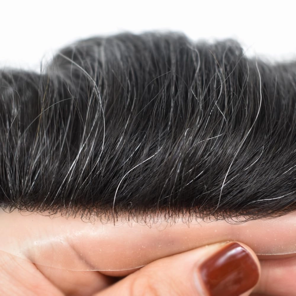 Mens Toupee Hair System For Men Hairpiece Fine Monofilament Toupee For Mens Hair System French Lace Front 8x10 110% light to Medium density#1B10 1B# OFF BLACK 10% GREY