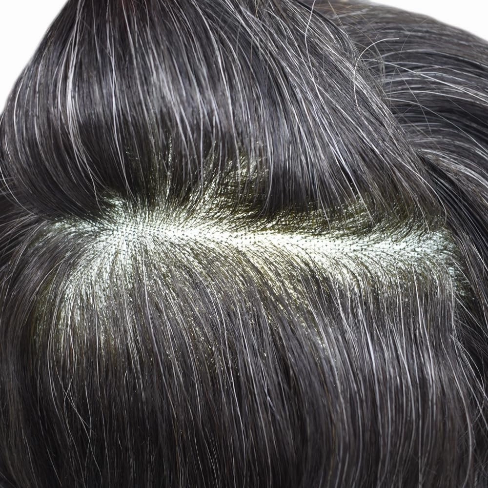 Mens Toupee Hair System For Men Hairpiece Fine Monofilament Toupee For Mens Hair System French Lace Front 8x10 110% light to Medium density#1B10 1B# OFF BLACK 10% GREY