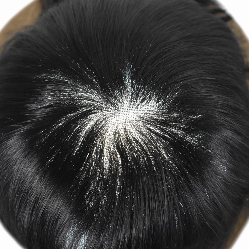 Mens Toupee Human Hair French Lace Hair Pieces For Men Toupee For Men Hair System 100% Human Hair Replacement System For Men Hair Pieces 6x8"-100% light to Medium density#1B10 1B# OFF BLACK 10% GREY