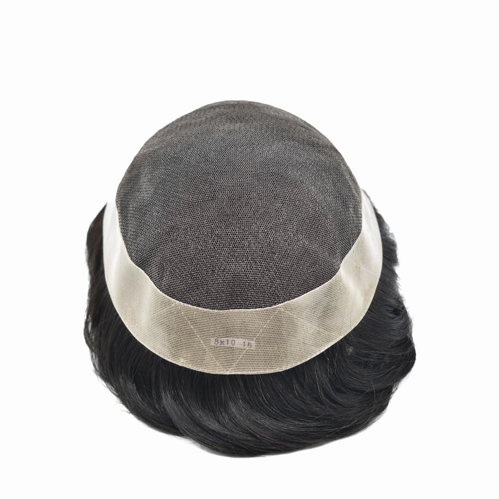 Mens Toupee Human Hair French Lace Hair Pieces For Men Toupee For Men Hair System 100% Human Hair Replacement System For Men Hair Pieces 6x8"-100% light to Medium density#1B10 1B# OFF BLACK 10% GREY