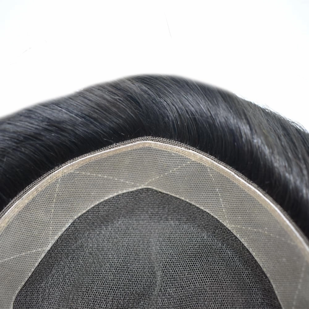 Mens Toupee Human Hair French Lace Hair Pieces For Men Toupee For Men Hair System 100% Human Hair Replacement System For Men Hair Pieces 6x8"-100% light to Medium density#1B10 1B# OFF BLACK 10% GREY