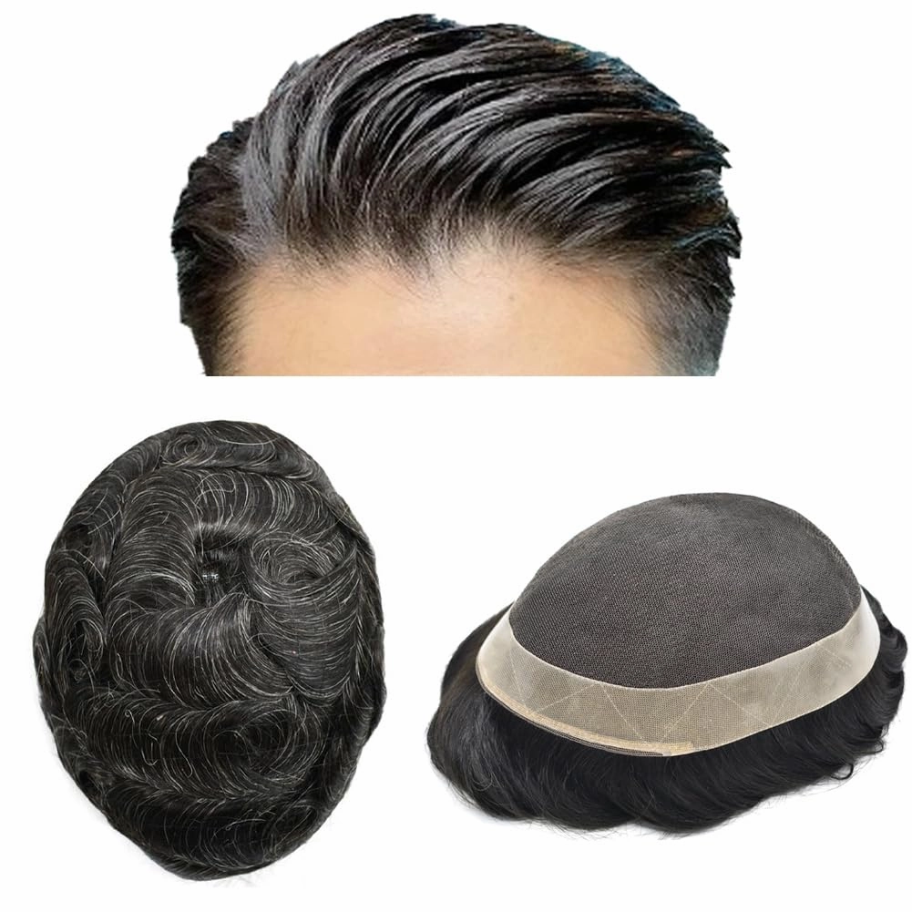 Mens Toupee Human Hair French Lace Hair Pieces For Men Toupee For Men Hair System 100% Human Hair Replacement System For Men Hair Pieces 6x8"-100% light to Medium density#1B10 1B# OFF BLACK 10% GREY