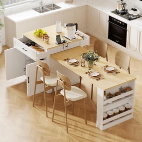 Merax 82.7" Kitchen Island with Extendable Dining Table for 4-6, with Storage, Charging Station, 2 Drawers & 2 Side Open Shelves for Dining Room House Bar, White Oak