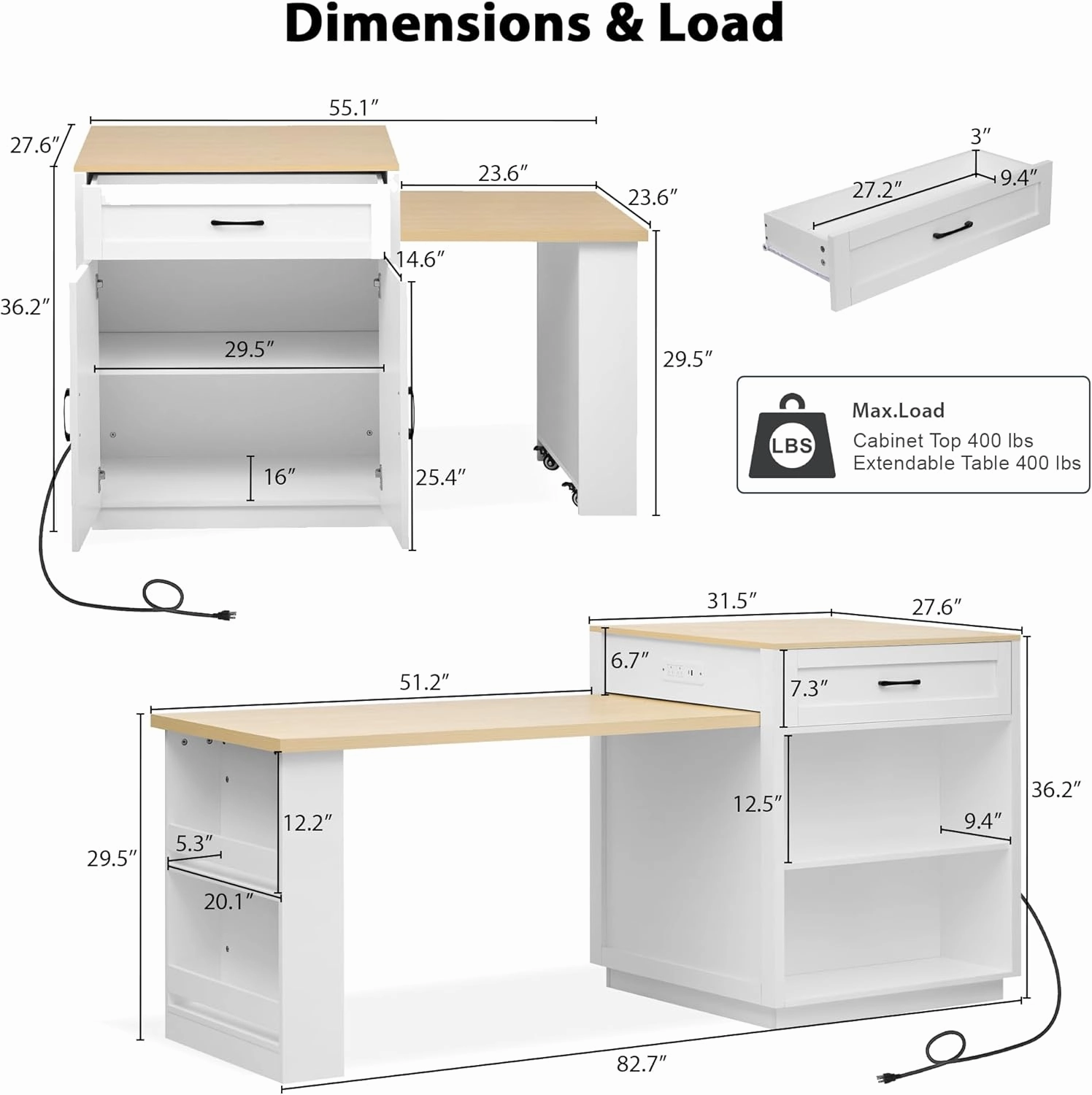 Merax 82.7" Kitchen Island with Extendable Dining Table for 4-6, with Storage, Charging Station, 2 Drawers & 2 Side Open Shelves for Dining Room House Bar, White Oak