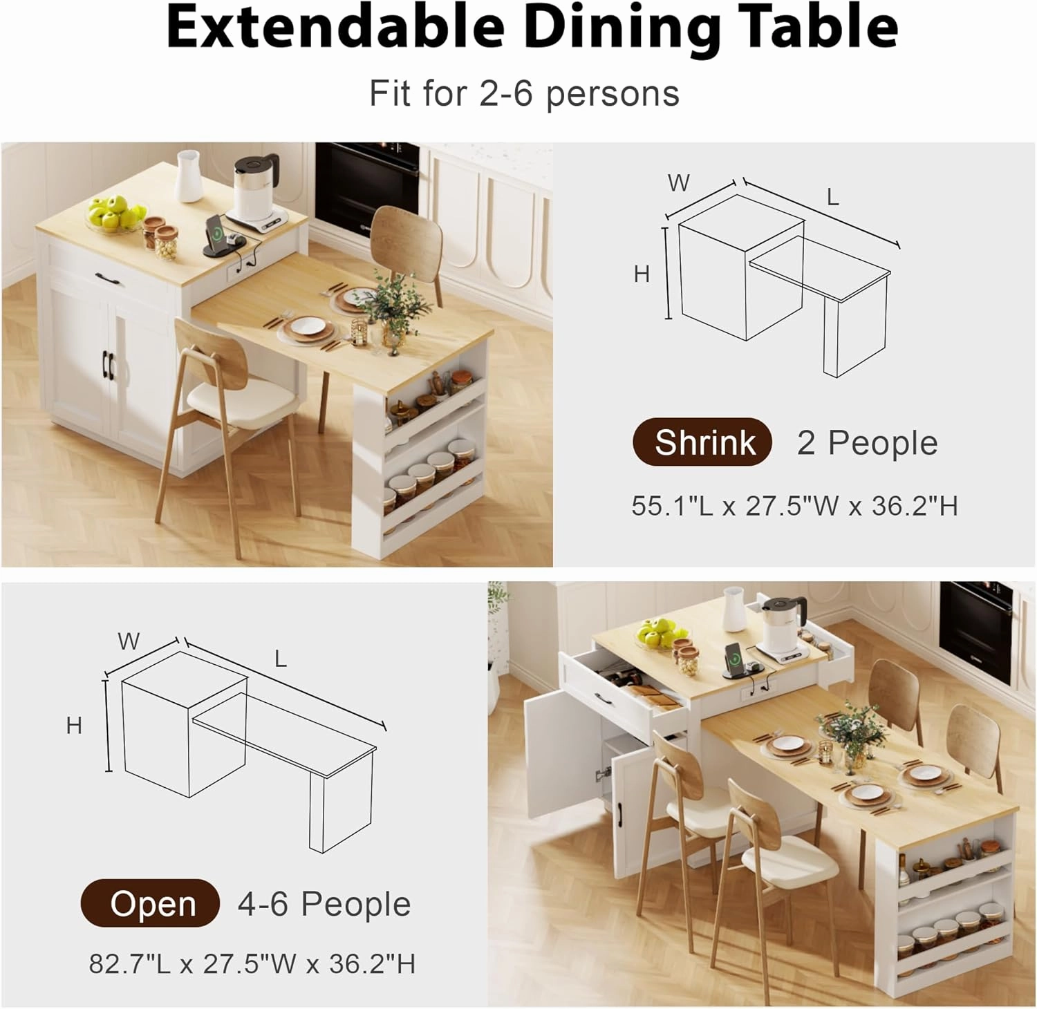 Merax 82.7" Kitchen Island with Extendable Dining Table for 4-6, with Storage, Charging Station, 2 Drawers & 2 Side Open Shelves for Dining Room House Bar, White Oak