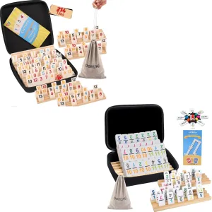 Mexican Train Dominoes Set Numbers and 4 Wooden Racks Rummy Cube 8 Player Upgraded Edition with 8 Wooden Racks