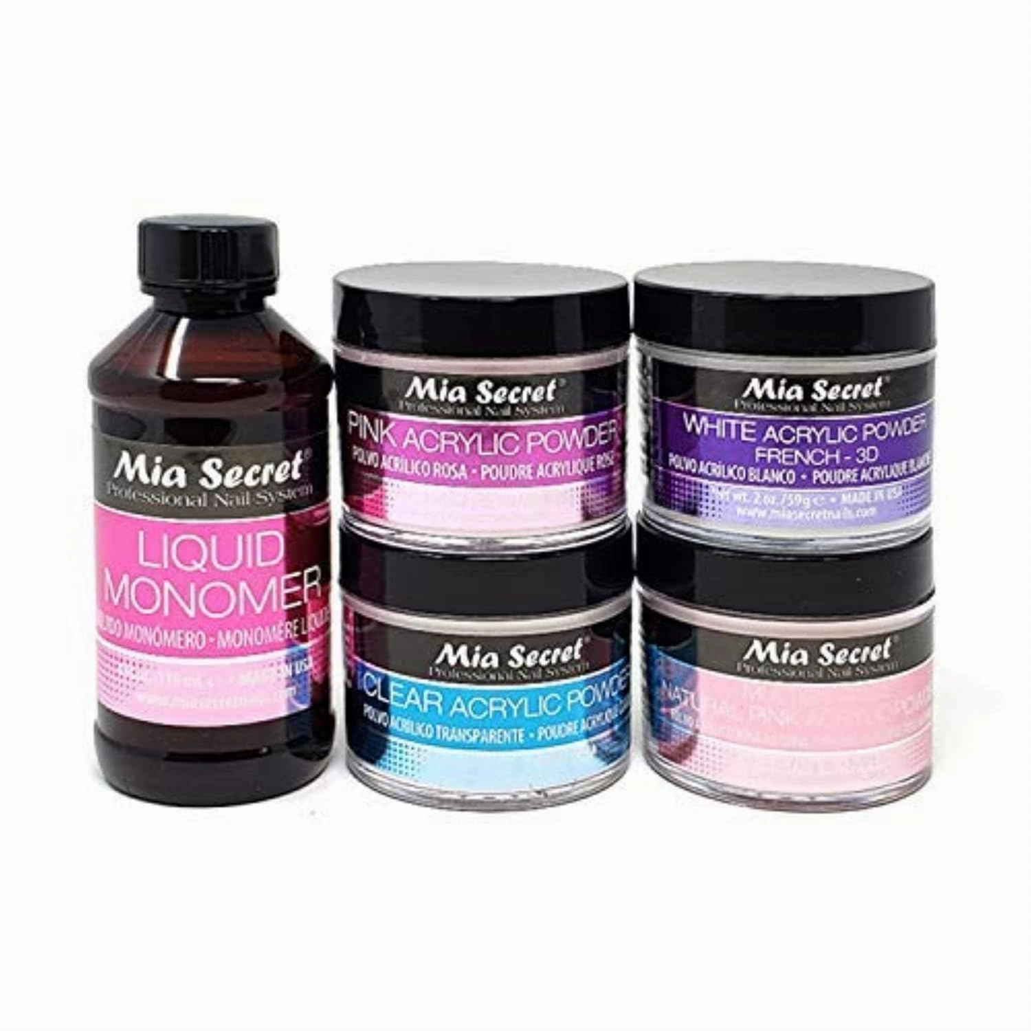MIA SECRET 4 oz LIQUID MONOMER   Acrylic Powders Set - Pink 2 oz, Clear 2 oz, 3D White 2 oz & Multibalance Pink 2 oz