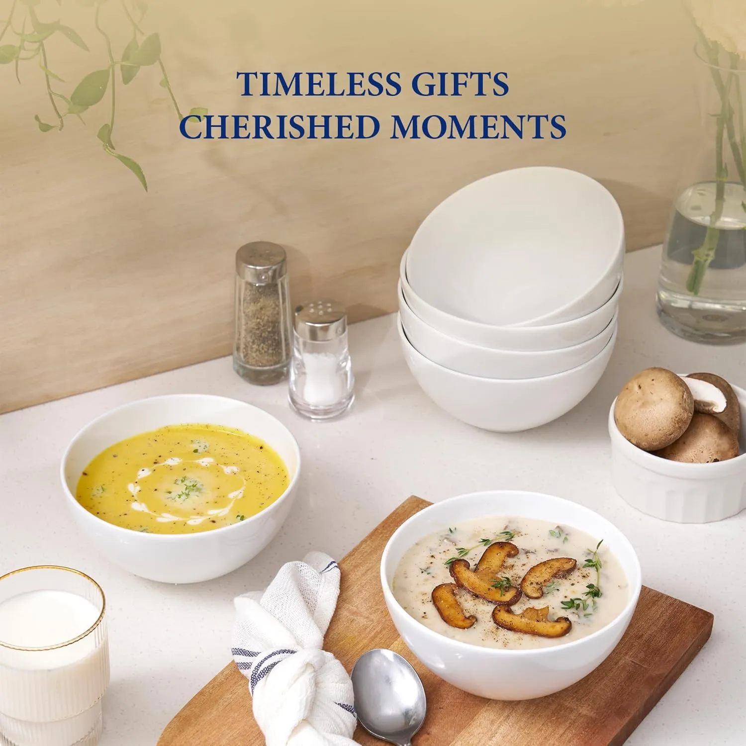 Minh Long 19 oz Dessert Bowls Set of 6, 5.52 Inch White Porcelain Bowls for Soup, Cereal, Oatmeal, Fruit, Rice – Microwave, Oven & Dishwasher Safe - Ideal for Father's Day