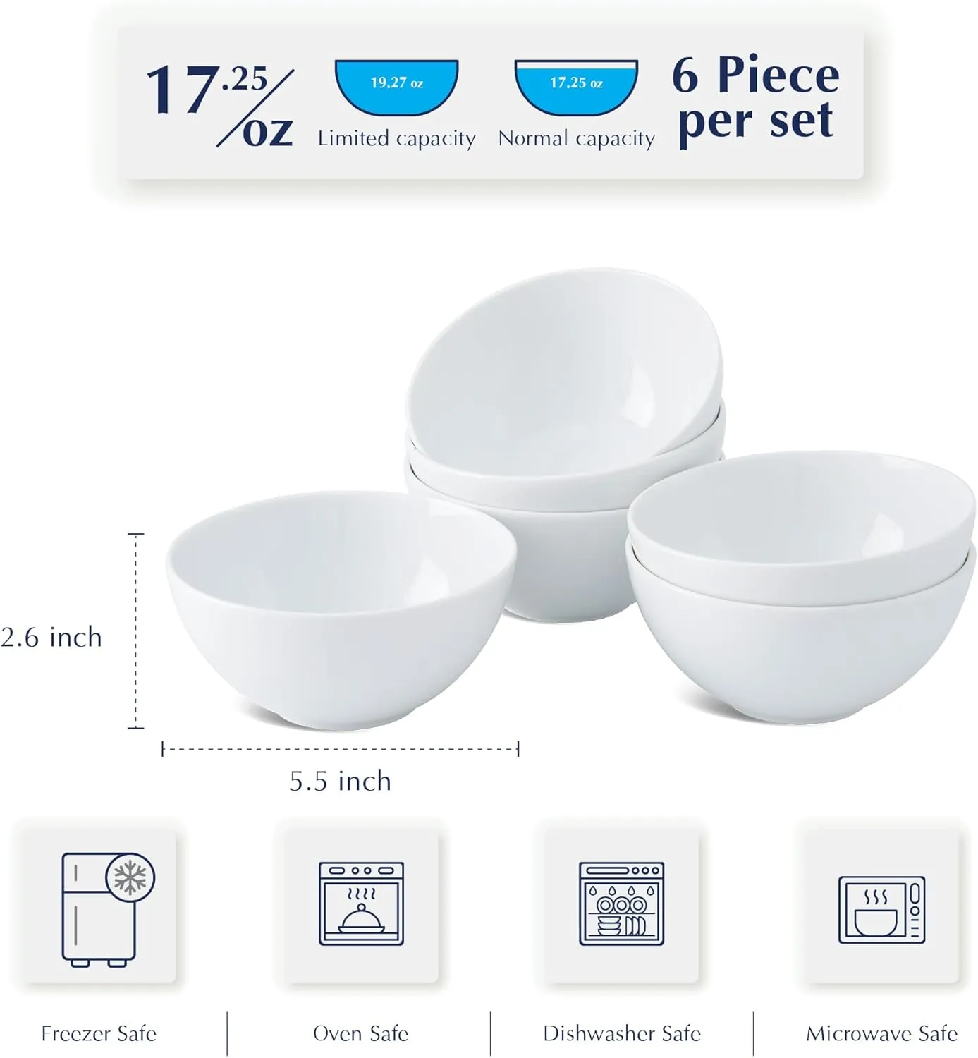 Minh Long 19 oz Dessert Bowls Set of 6, 5.52 Inch White Porcelain Bowls for Soup, Cereal, Oatmeal, Fruit, Rice – Microwave, Oven & Dishwasher Safe - Ideal for Father's Day
