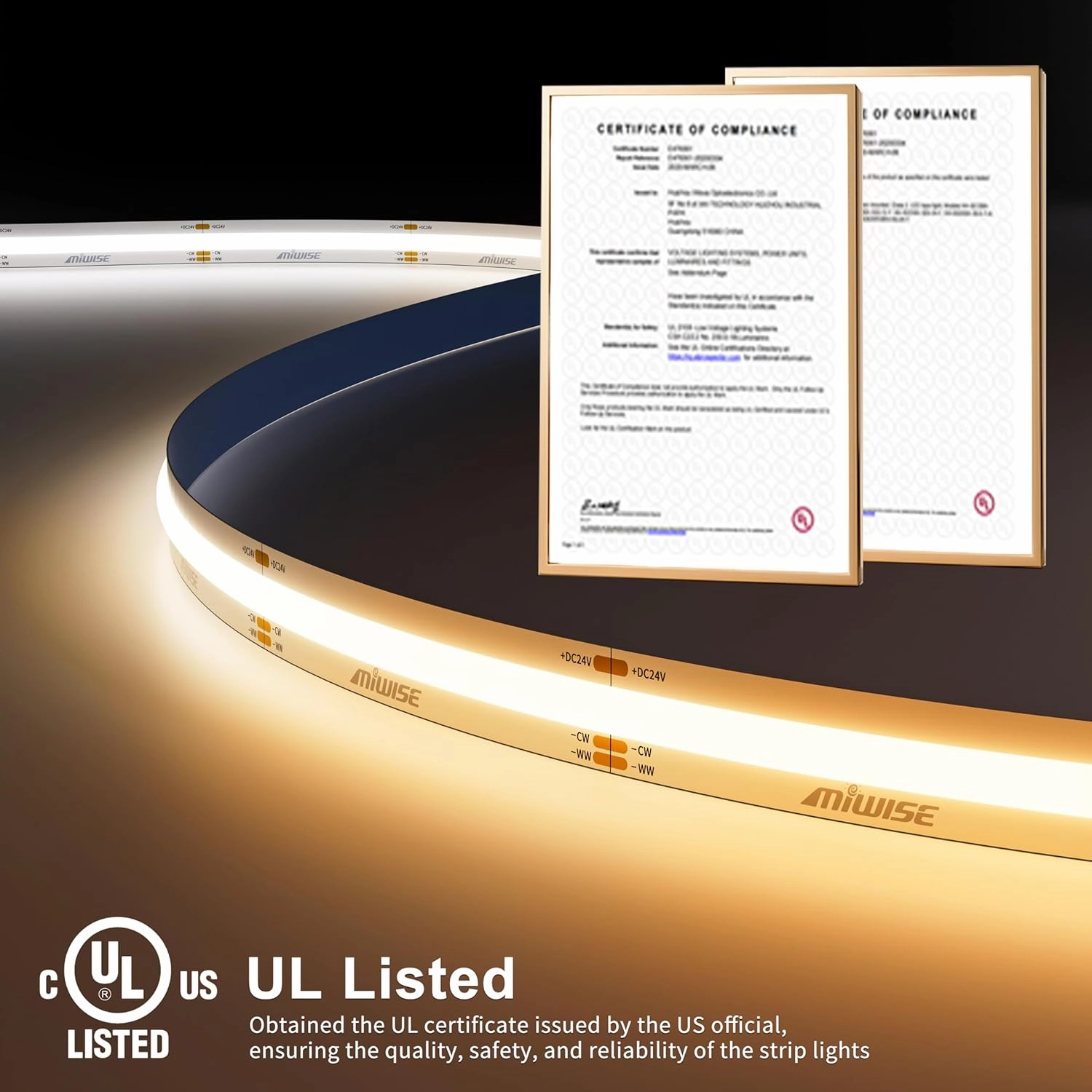 MIWISE CCT COB LED Strip Light Tunable White,20ft/6.1m Dimmable 2700K-6500K CRI90  24V LED Tape Light,for Under Cabinet Bedroom Kitchen DIY Lighting(Power Supply & Controller NOT Included)