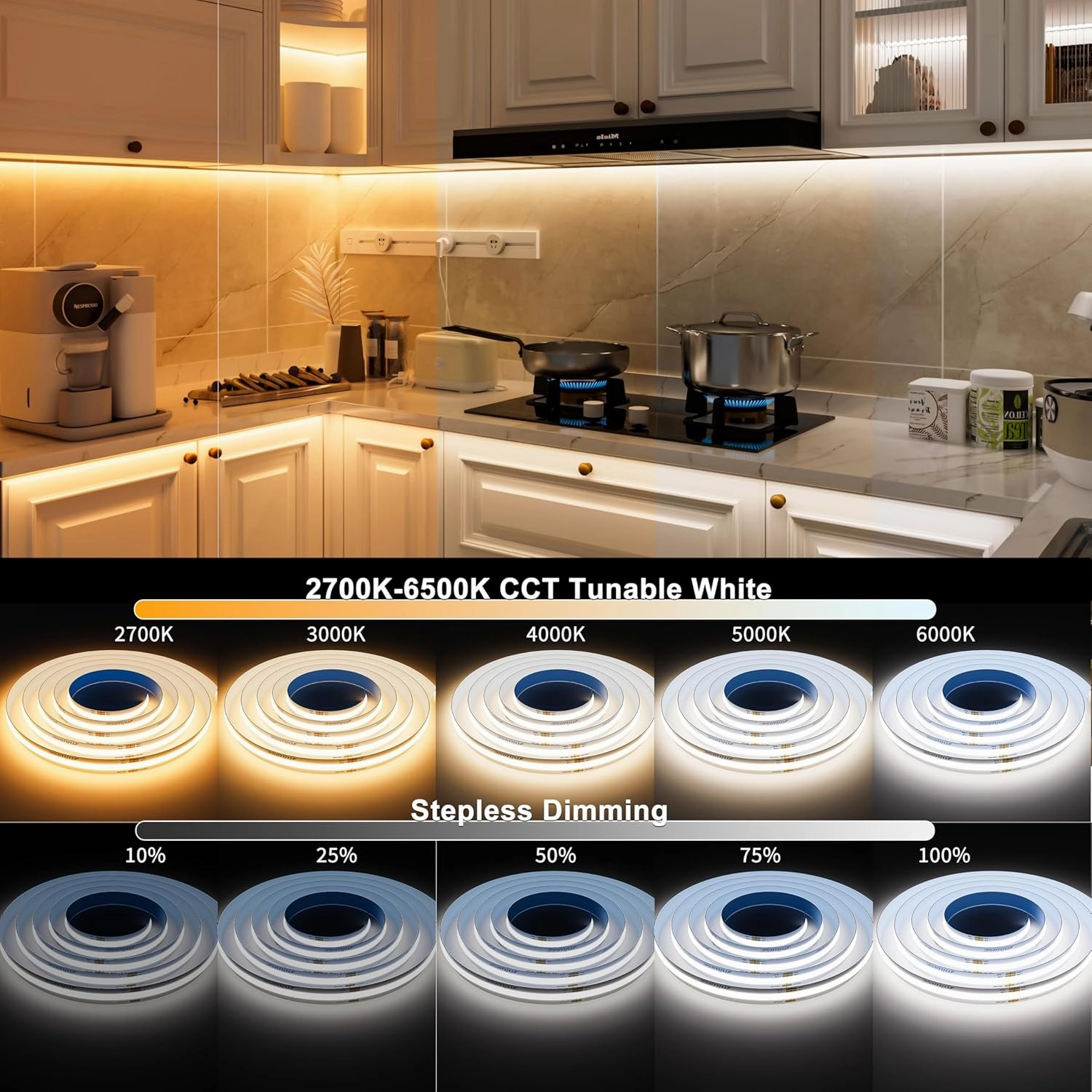 MIWISE CCT COB LED Strip Light Tunable White,20ft/6.1m Dimmable 2700K-6500K CRI90  24V LED Tape Light,for Under Cabinet Bedroom Kitchen DIY Lighting(Power Supply & Controller NOT Included)