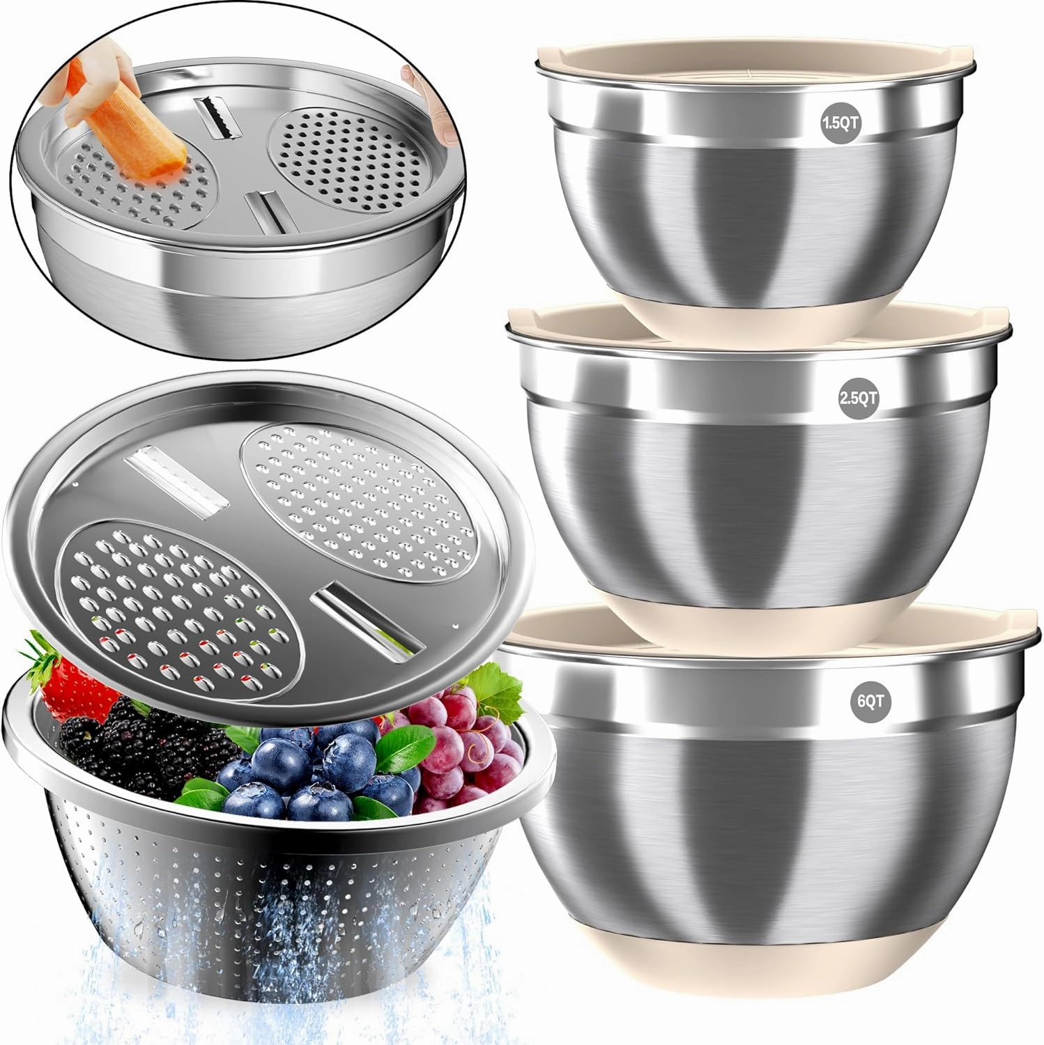 Mixing Bowls with Airtight Lids, Stainless Steel Mixing Bowl Set with 3 Metal Nesting Bowls, Colander & Grater, Non-Slip Bottoms, Size 1.5, 2.5, 6 QT, Great for Mixing & Serving, Khaki