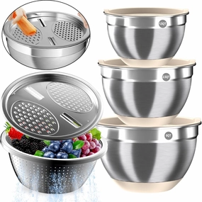 Mixing Bowls with Airtight Lids, Stainless Steel Mixing Bowl Set with 3 Metal Nesting Bowls, Colander & Grater, Non-Slip Bottoms, Size 1.5, 2.5, 6 QT, Great for Mixing & Serving, Khaki