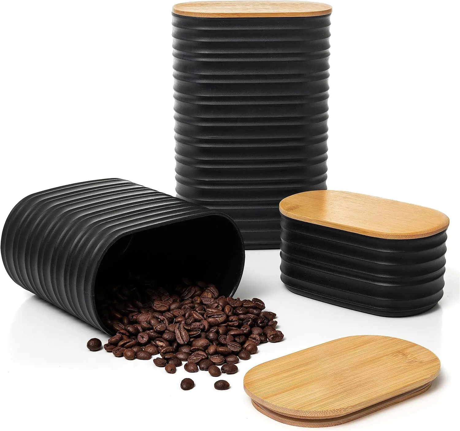 Mixpresso 3 Piece Black Canisters Sets For The Kitchen, Airtight Plastic Canister With Bamboo Lid, Coffee And Sugar Canister Set, Decorative Sugar Container, Kitchen Decor For Counter