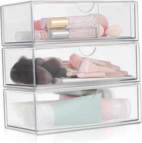 Mobestech 3Pcs Clear Makeup Organizer with Lid Desktop Storage Box for Lipstick and Cotton Pads Vanity Storage for Efficient Office and Cosmetic Organization