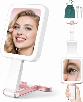 Mocado Travel Makeup Mirror with Lights,10X/1X Magnifying Mirror with Light, Double Sided Travel Mirror with 3 Color Light,Dimmable Touch,Lighted Makeup Mirror for Tabletop,Handheld,Hanging(Rose Gold)