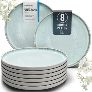 Modern Dinner Plates Set - 8 Beige Blue Stoneware Plates, 10.2" With Lipped Edges - Dishwasher & Microwave Safe