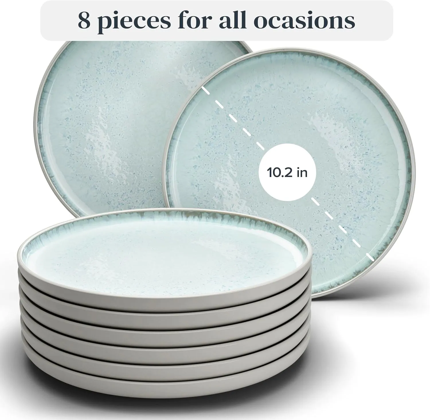 Modern Dinner Plates Set - 8 Beige Blue Stoneware Plates, 10.2" With Lipped Edges - Dishwasher & Microwave Safe