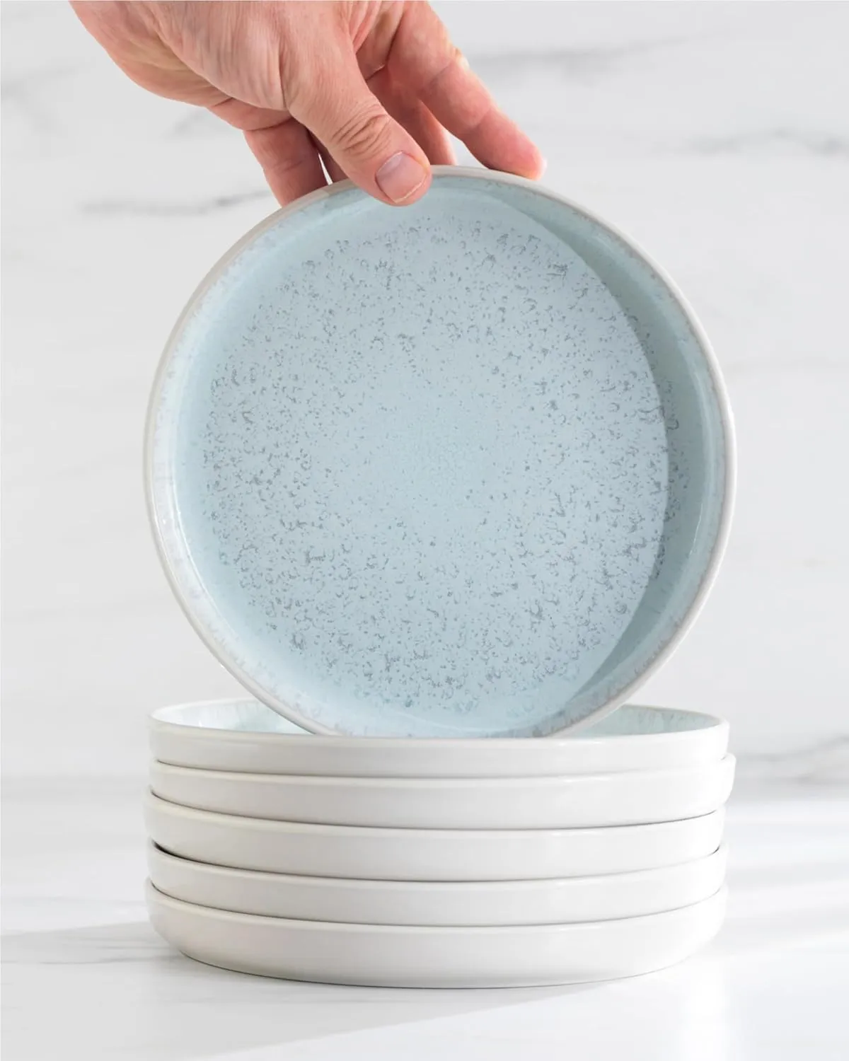 Modern Dinner Plates Set - 8 Beige Blue Stoneware Plates, 10.2" With Lipped Edges - Dishwasher & Microwave Safe
