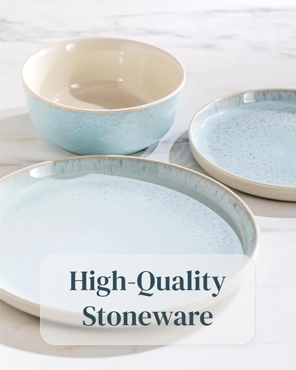 Modern Dinner Plates Set - 8 Beige Blue Stoneware Plates, 10.2" With Lipped Edges - Dishwasher & Microwave Safe