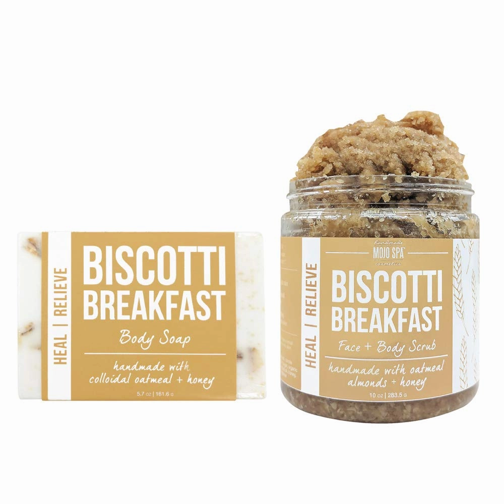 Mojo Spa Biscotti Breakfast Small Gift Set | 2 Handmade Natural Bath and Body Products | Face and Body Scrub, Body Soap