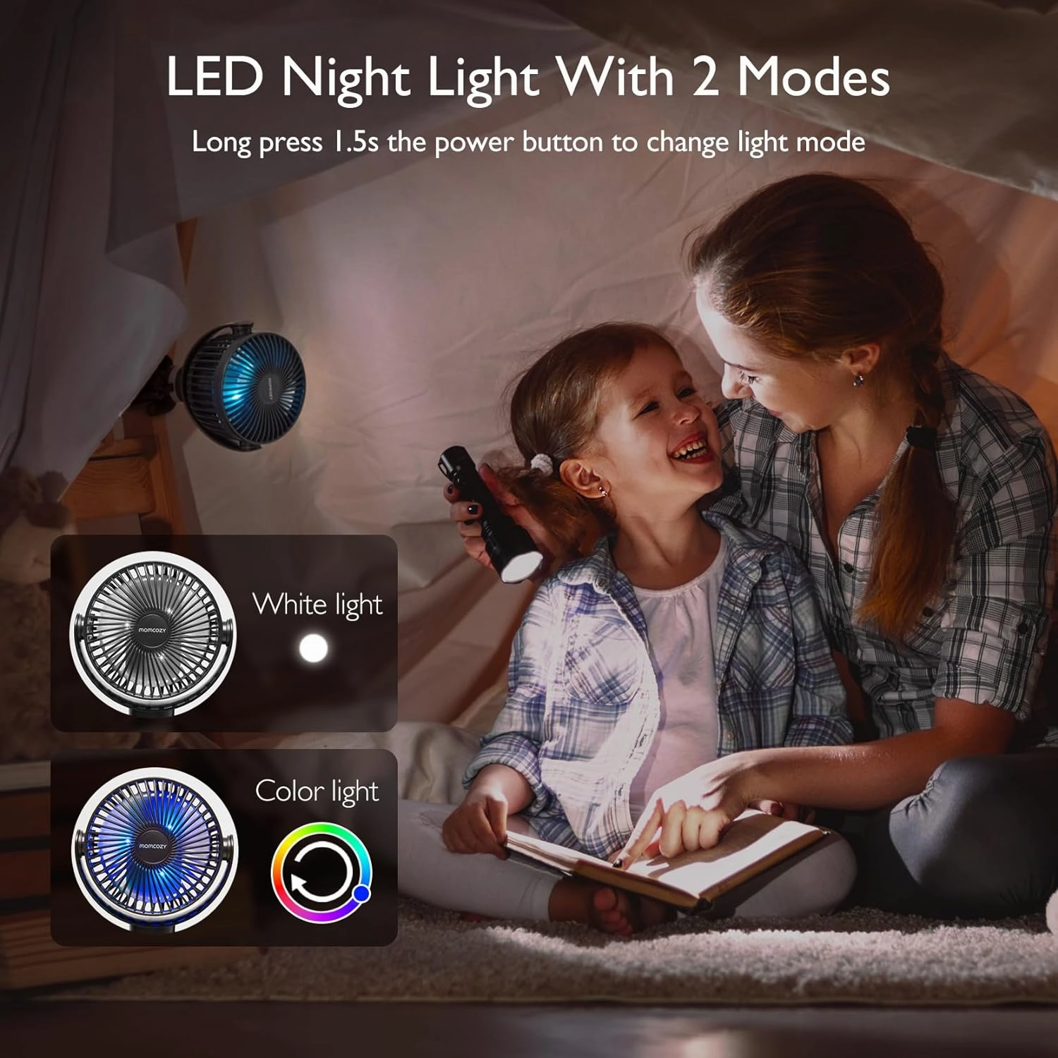 Momcozy 8000mAh Portable Stroller Fan, 27H Ultra-long Battery Life Detachable 4 Speed 360°Rotate LED Night Light with 2 Modes, USB Rechargeable Handheld Cooling Fan for Travel/Car Seat/Bedroom