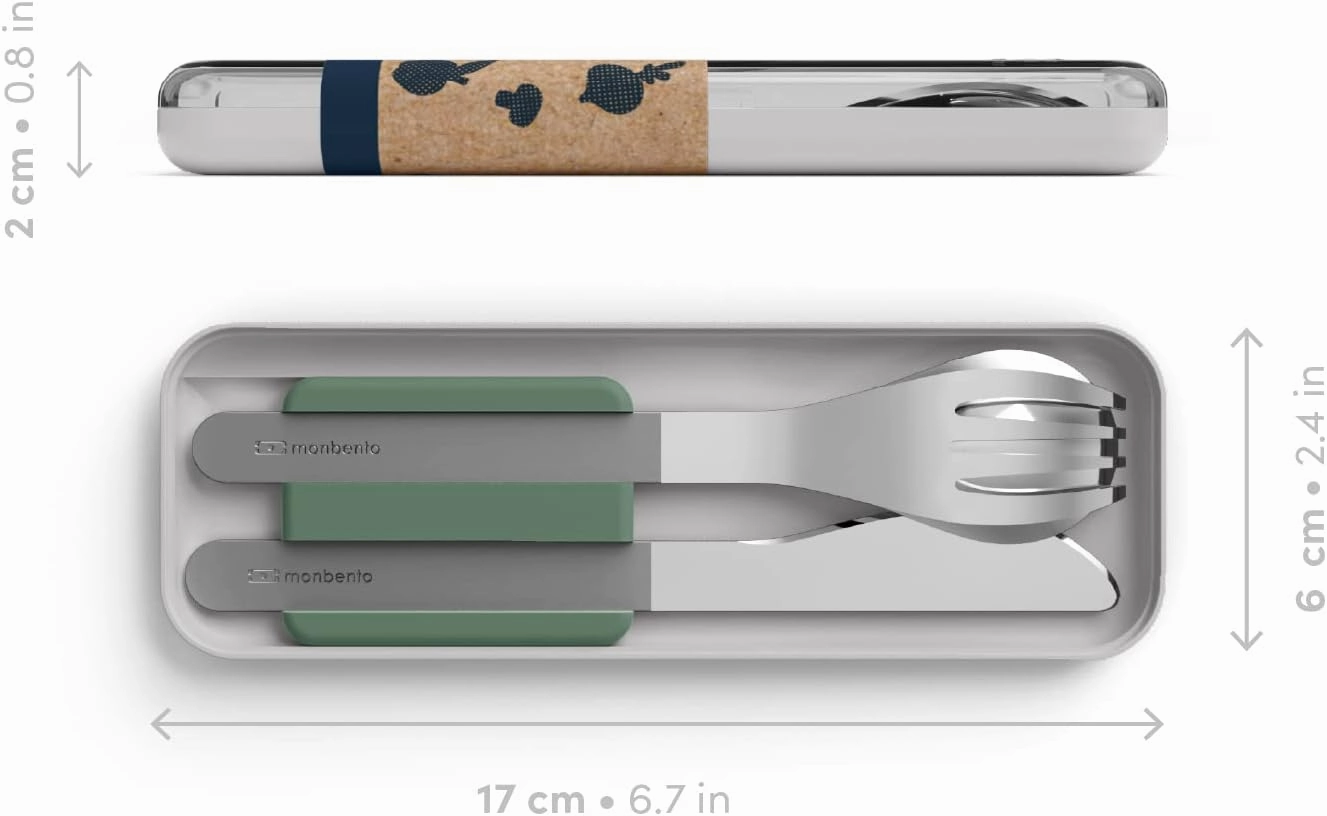 MONBENTO - Cutlery Set MB Slim Box Natural for Lunch Box - 3 Pieces Fork Knife Spoon - Flatware Set Work Lunch Packing - Suitable for MB Original & MB Square - Stainless Steel - Green
