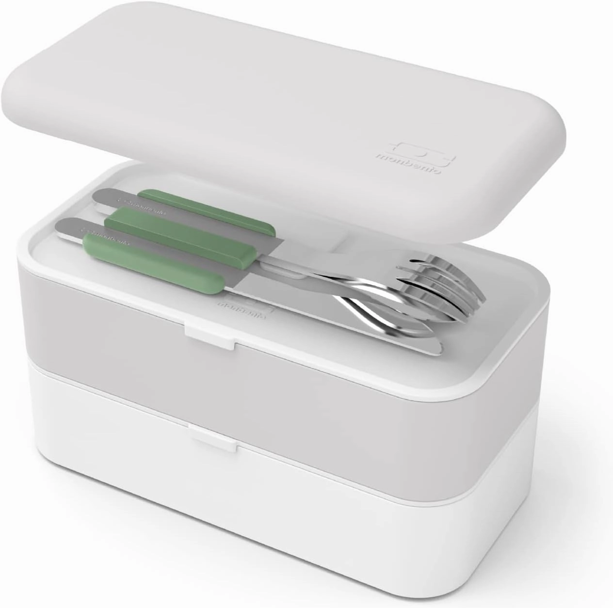 MONBENTO - Cutlery Set MB Slim Box Natural for Lunch Box - 3 Pieces Fork Knife Spoon - Flatware Set Work Lunch Packing - Suitable for MB Original & MB Square - Stainless Steel - Green