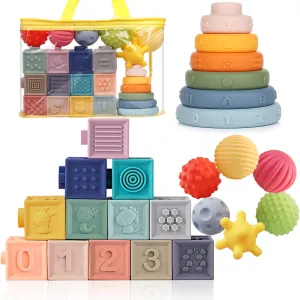 Montessori Toys Soft Stacking Building Blocks Rings Balls Sets 3 in 1 Baby Toys Bundle for Babies 6-12 Months Sensory for Toddlers 1-3 Teething Bath for Infants Learning Toy